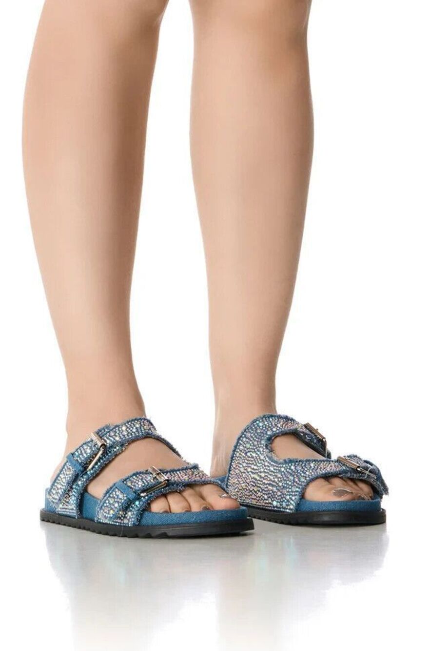 AZALEA WANG AVENTURA DENIM EMBELLISHED SANDAL Size 8